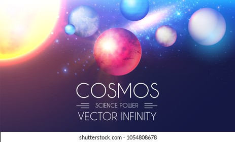 Space Shining Backgrouns with Realistic 3D Planets and Stars. Univerce and Cosmos Design. Light of a Galaxy. Science Template. Vector illustration