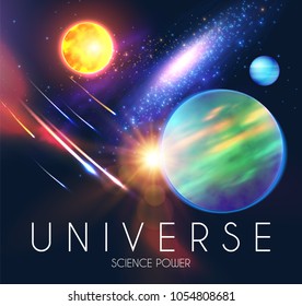 Space Shining Backgrouns with Realistic 3D Planets and Stars. Univerce and Cosmos Design. Light of a Galaxy. Science Template. Vector illustration
