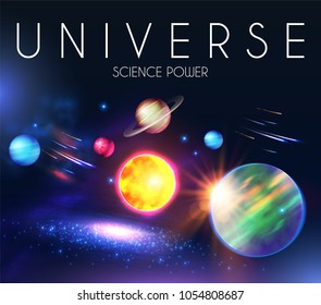 Space Shining Backgrouns with Realistic 3D Planets and Stars. Univerce and Cosmos Design. Light of a Galaxy. Science Template. Vector illustration