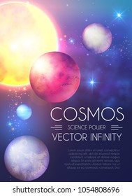 Space Shining Backgrouns with Realistic 3D Planets and Stars. Univerce and Cosmos Design. Light of a Galaxy. Science Template. Vector illustration