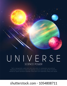 Space Shining Backgrouns with Realistic 3D Planets and Stars. Univerce and Cosmos Design. Light of a Galaxy. Science Template. Vector illustration