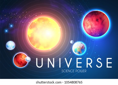 Space Shining Backgrouns with Realistic 3D Planets and Stars. Univerce and Cosmos Design. Light of a Galaxy. Science Template. Vector illustration
