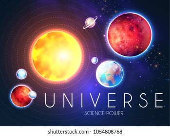 Space Shining Backgrouns with Realistic 3D Planets and Stars. Univerce and Cosmos Design. Light of a Galaxy. Science Template. Vector illustration