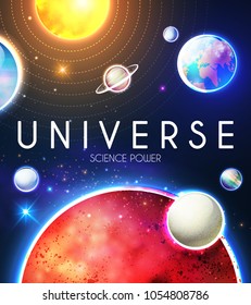 Space Shining Backgrouns with Realistic 3D Planets and Stars. Univerce and Cosmos Design. Light of a Galaxy. Science Template. Vector illustration