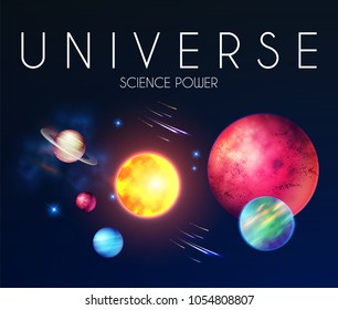 Space Shining Backgrouns with Realistic 3D Planets and Stars. Univerce and Cosmos Design. Light of a Galaxy. Science Template. Vector illustration