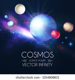 Space Shining Backgrouns with Realistic 3D Planets and Stars. Univerce and Cosmos Design. Light of a Galaxy. Science Template. Vector illustration