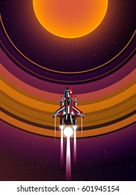 space ship across orange planet with giant orange ring system