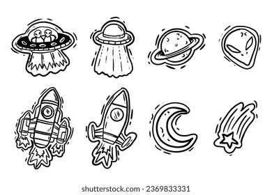 Space ship alien set vector hand drawn illustration