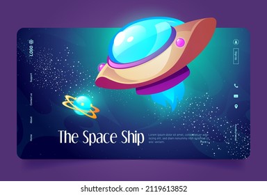 Space ship banner with shuttle and satellite in cosmos. Vector landing page with cartoon illustration of flying spaceship, futuristic rocket with blue fire on galaxy background