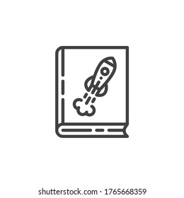 Space ship book line icon. linear style sign for mobile concept and web design. Book with space rocket outline vector icon. Symbol, logo illustration. Vector graphics