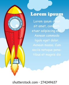 space ship cartoon with text