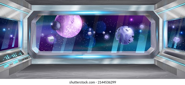 Space ship cockpit interior, alien spacecraft background, shuttle window moon vector futuristic view. 3D game sci-fi background, neon lights, station base, metal frame. Space ship panoramic star scene