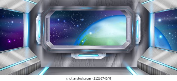 Space Ship Cockpit Interior, Shuttle Window Earth View, Vector Futuristic Alien Spacecraft Background. 3D Game Sci-fi Background, Metal Frame, Neon Lights Station Base. Space Ship Fantasy Hi-tech Room