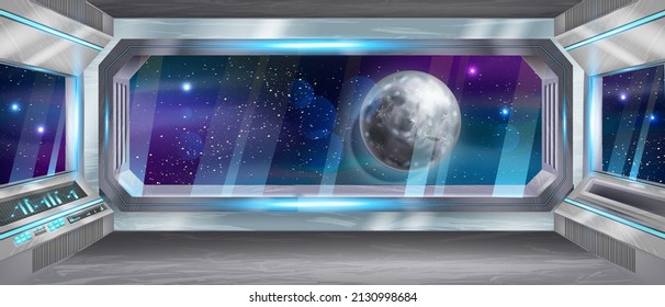 Space Ship Cockpit Interior, Shuttle Window Moon View, Vector Futuristic Alien Spacecraft Background. 3D Game Sci-fi Background, Metal Frame, Neon Lights, Station Base. Space Ship Panoramic Star Scene