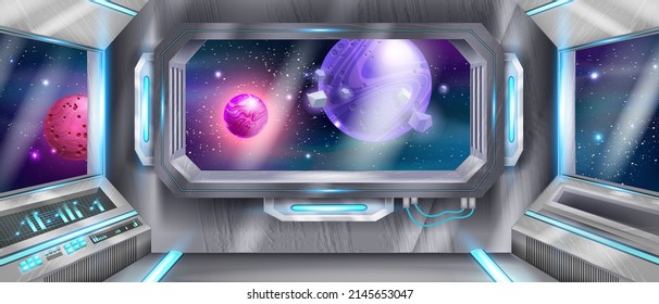 Space ship cockpit interior, shuttle window moon vector futuristic view, alien spacecraft background. 3D game sci-fi background, metal frame, neon lights, station base. Space ship panoramic star scene