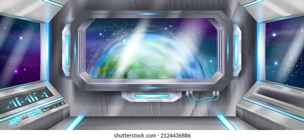 Space Ship Cockpit Interior, Vector Futuristic Alien Spacecraft Background, Shuttle Window Earth View. 3D Game Sci-fi Background, Station Base, Metal Frame, Neon Lights. Space Ship Control Panel