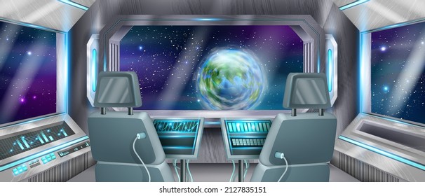 Space ship cockpit vector background, rocket interior, computer control panel, astronaut pilot chair. Spacecraft shuttle room, Earth planet window view futuristic cabin, console monitor. Space cockpit