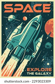 Space ship colorful vintage poster flying among stars and planets leaving trail fire while moving through milky way vector illustration