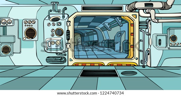 宇宙船の廊下 Sf レトロなベクターイラストキッチビンテージのポップアート のベクター画像素材 ロイヤリティフリー