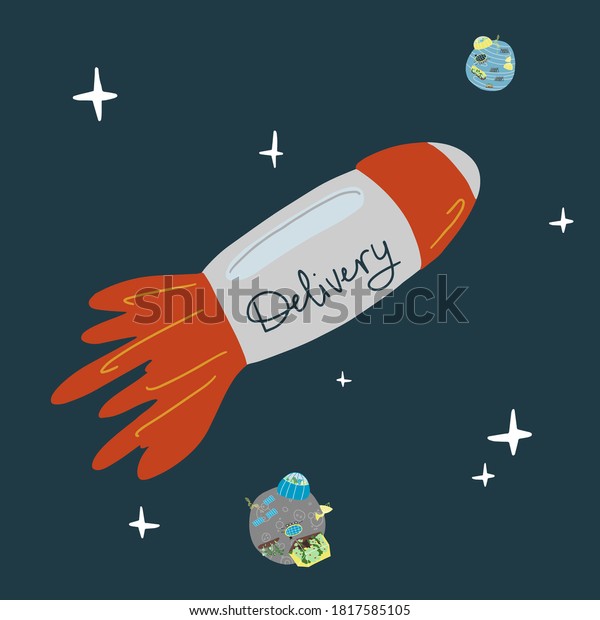 A\
space ship  delivers parcels from one colony to another. Handdrawn\
vector futuristic illustration of a rocket, a moon colony and\
mercury colony surrounded by stars and open space.\
