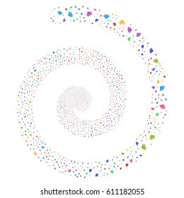 Space Ship exploding swirling spiral. Vector bright multicolored scattered symbols.