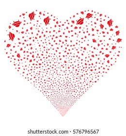 Space Ship fireworks with heart shape. Vector illustration style is flat red iconic symbols on a white background. Object love heart organized from confetti design elements.