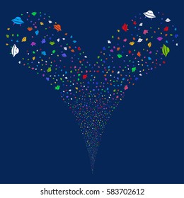 Space Ship fireworks stream. Vector illustration style is flat bright multicolored iconic symbols on a blue background. Object double fountain made from random design elements.