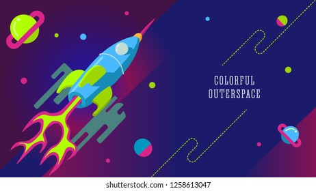 Space ship flat vector illustration and planets.