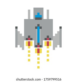 space ship flying 8 bits pixelated icon vector illustration design