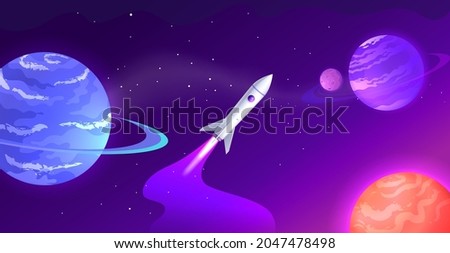 Space ship flying to discover new planets cartoon colorful vector illustration 