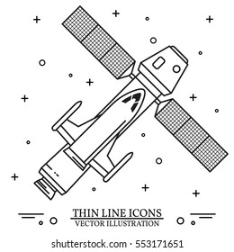 Space Ship flying in space on the white background. Human mission to Mars. For web design and application interface. Colonization of Mars. Spaceship thin line icon. Vector Illustration.