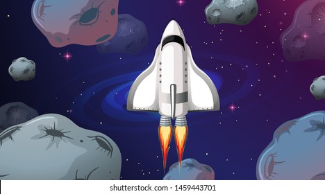 Space ship flying through asteroids illustration
