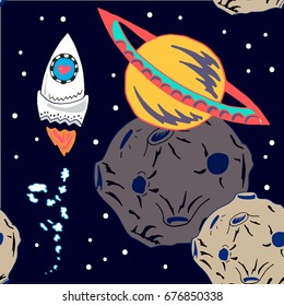 Space ship goes around the moon. Hand drawn vector illustration. Good for poster, greeting and invitation card, banner, decoration for children book, sticker, pattern, educational game.