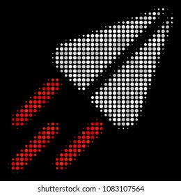 Space ship halftone vector icon. Illustration style is pixelated iconic space ship symbol on a black background. Halftone texture is constructed of circle cells.