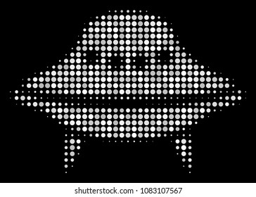 Space ship halftone vector icon. Illustration style is pixelated iconic space ship symbol on a black background. Halftone matrix is made of spheric cells.