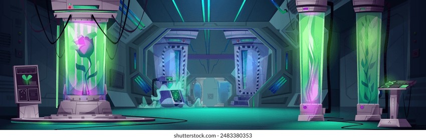 Space ship hall interior with lab inside. Cartoon vector illustration of cosmic rocket fantasy science laboratory with plants and flowers in green glow cryogenic capsule with computer control panels.