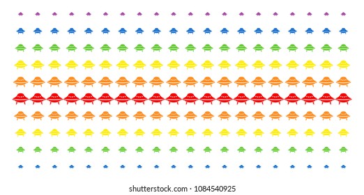 Space Ship icon rainbow colored halftone pattern. Vector shapes arranged into halftone matrix with vertical spectrum gradient. Designed for backgrounds, covers, templates and abstraction effects.