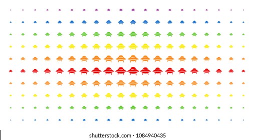 Space ship icon spectrum halftone pattern. Vector space ship pictograms are arranged into halftone array with vertical spectral gradient. Constructed for backgrounds, covers,