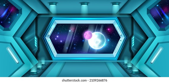 Space Ship Interior Background, Futuristic Shuttle Hall, Planet, Inside Rocket Station, Spacecraft Window. Universe Star, Sci-fi Concept Technology Fantasy Game Corridor Illustration. Metal Space Ship