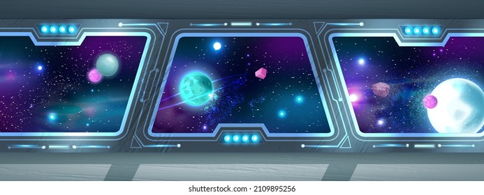Space Ship Interior Background, Futuristic Shuttle View, Planets, Spaceship Station Panoramic Window. Galaxy Universe Illustration, Sci-fi Game Rocket Room Concept, Stars Neon Blue Sky. Spaceship Hall