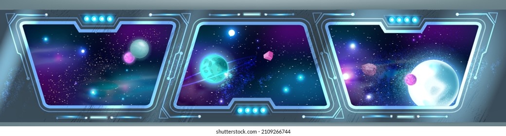 Space ship interior background, spaceship station panoramic window, futuristic shuttle view, planets. Sci-fi game rocket room concept, galaxy universe illustration, stars neon blue sky. Spaceship hall