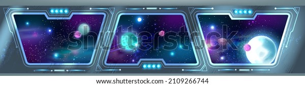 Space ship interior background, spaceship station\
panoramic window, futuristic shuttle view, planets. Sci-fi game\
rocket room concept, galaxy universe illustration, stars neon blue\
sky. Spaceship hall