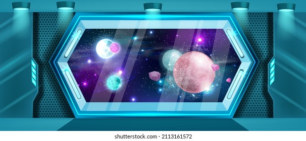 Space ship interior background, vector space station window view, game universe galaxy planet scene. Rocket metal futuristic frame, stars, starship corridor illustration. Neon space ship sci-fi banner