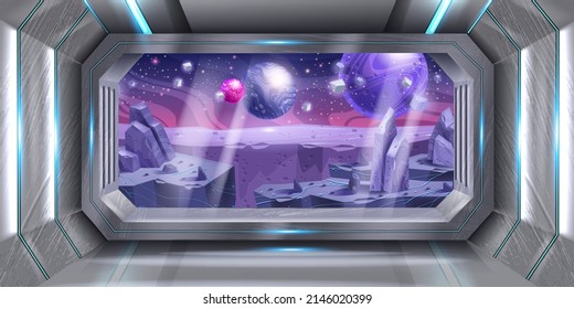 Space ship interior, purple planet, vector spacecraft window view, shuttle cockpit galaxy background. Alien rocket room, night sky, stars, game sci-fi futuristic 3D wallpaper. Space ship metal hallway