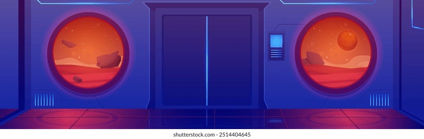 Space ship interior vector cartoon game sci-fi background. Spacecraft shuttle door, round windows view on alien red planet desert surface with flying rocks. Galaxy wallpaper science, station base