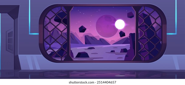 Space ship interior vector cartoon game sci-fi background. Spacecraft shuttle window view on alien planet desert surface with flying rocks. Galaxy wallpaper science, rocket room station base