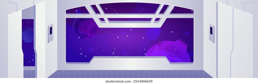 Raumschiff Innenraum Vektor Cartoon Spiel Science-Fiction Hintergrund. Raumschiff Shuttle-Fenster Blick vom Flur und Türen. Galaxie mit Planeten und Sternen. Science Raketenraum weiße Wände, Bahnhofsbasis