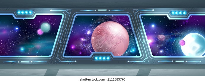 Space Ship Interior, Vector Future Shuttle Background, Rocket Window View, Alien Planets, Stars. Game Futuristic Illustration, Blue Neon Lamps Sci-fi Universe Wallpaper Starship Cabin. Space Ship Room