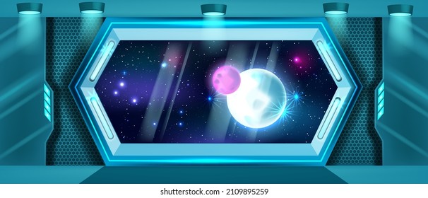 Space Ship Interior, Vector Spacecraft Shuttle Window View, Metal Futuristic Frame, Planet, Stars. Fantasy Game Background, Universe Galaxy Wallpaper Science Rocket Room. Space Ship Neon Corridor Wall