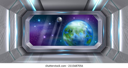 Space ship interior, vector spacecraft window view, shuttle cockpit galaxy background, Earth planet. Alien rocket room, game sci-fi futuristic 3D wallpaper, night sky, stars. Space ship metal hallway